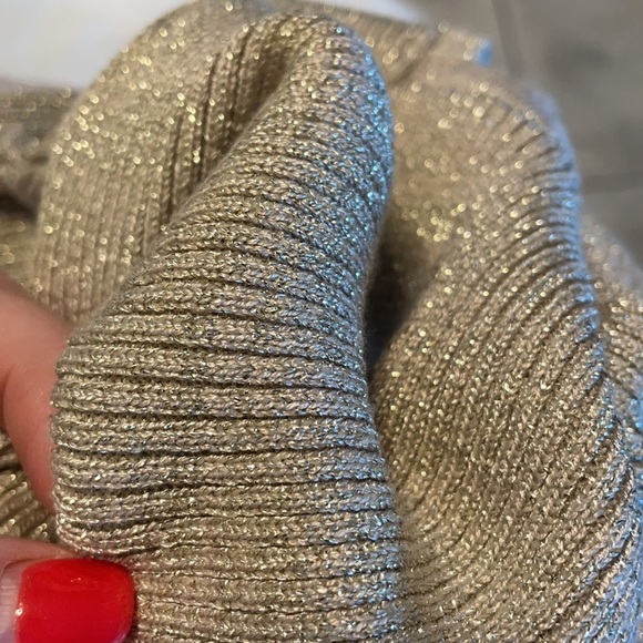 NWT juniors square neck metallic shimmer champagne beige sweater 1/2 sleeve L - Picture 9 of 11
